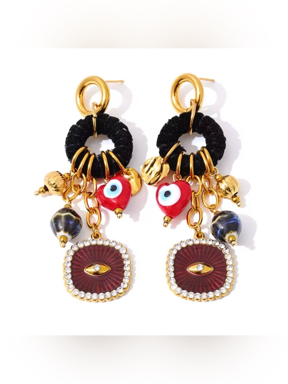 Gold-Tone Multi-Charm Red Eye Drop Earrings - Women Jewelry
